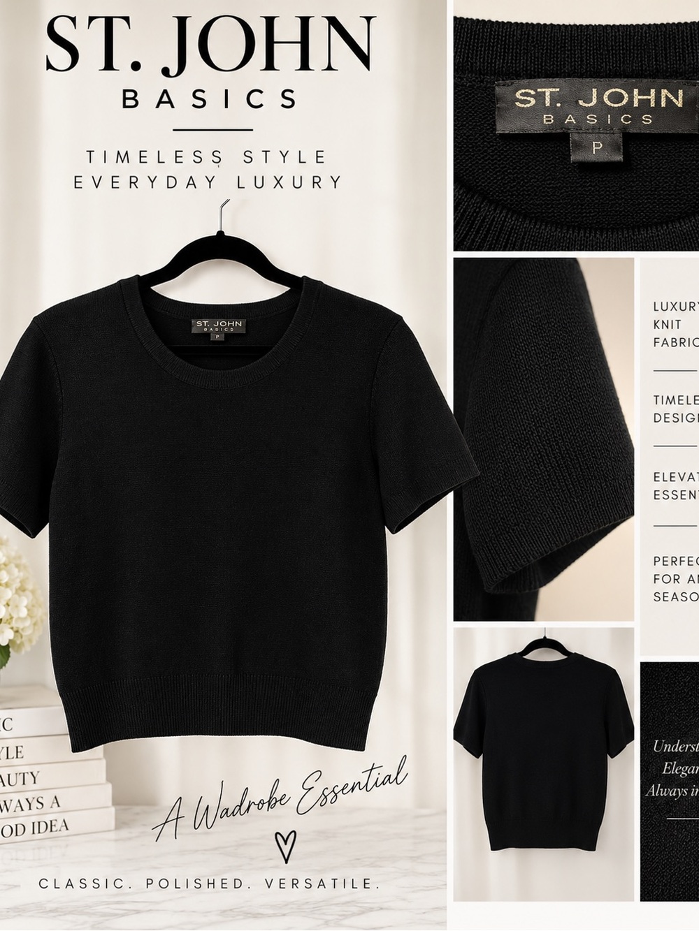 🖤 St. John Basics Black Knit Short Sleeve Top | Size P